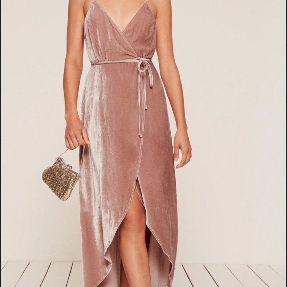Reformation Crushed Velvet Dusty Pink High Low Wrap Spaghetti Strap Dress Sz M - Picture 8 of 8